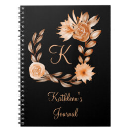 Caderno Espiral Floral Preto Marrom e Pêssego Monogramado