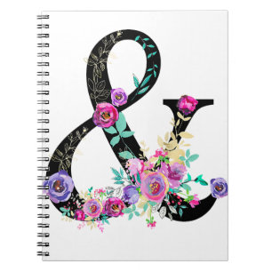 Caderno Espiral Floral Preto Moderno Ampersand Chic Rústico Countr