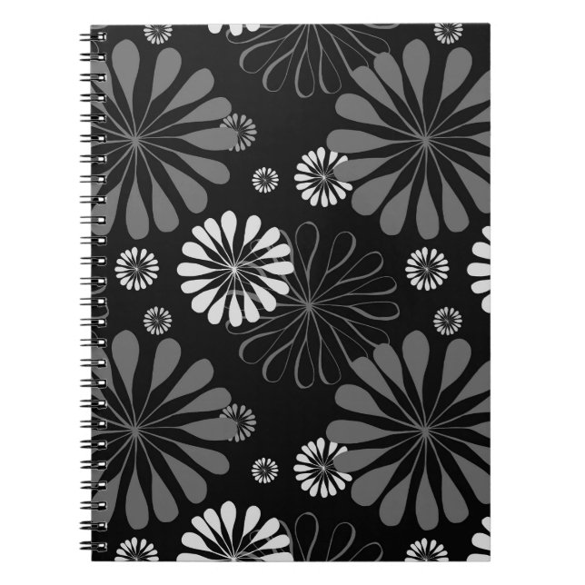Caderno Espiral Floral Retro Preto e Branco (Frente)
