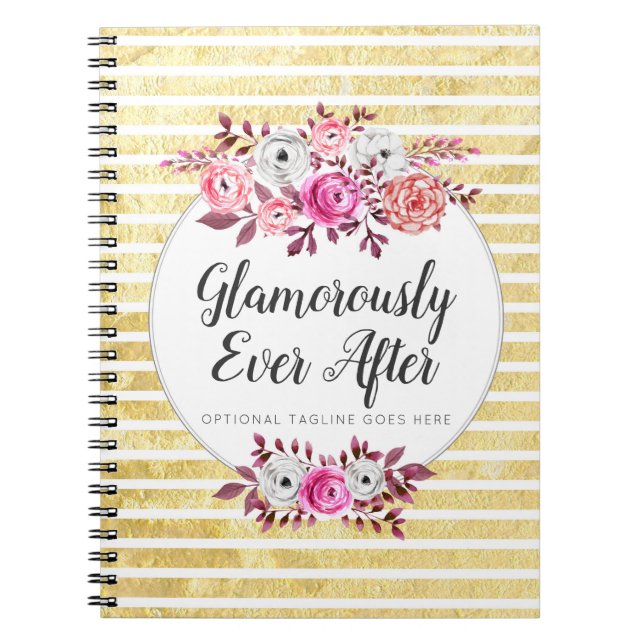 Caderno Espiral Floral Rosa e Glamour Dourado Listra Moderna Aquar (Frente)