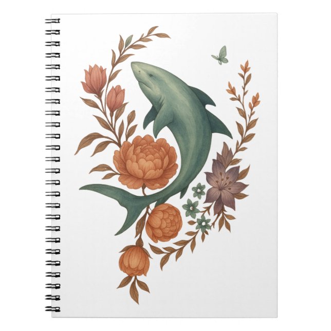 Caderno Espiral Floral Shark Harmony - Nature & Ocean Fusion Art (Frente)
