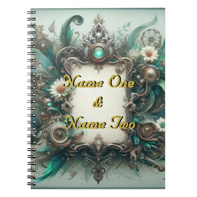 Caderno Espiral Floral Steampunk Wedding Green e Silver (Frente)