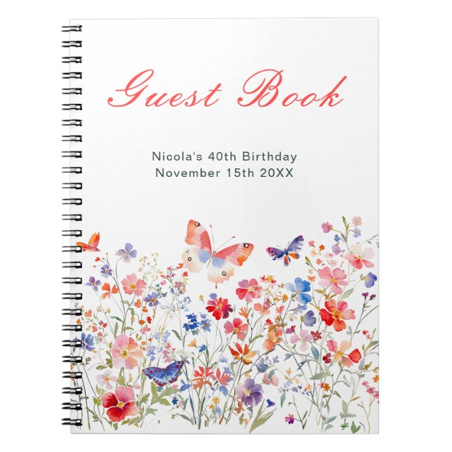 Caderno Espiral Floral Summer Butterfly Birthday Party Guest Book (Frente)