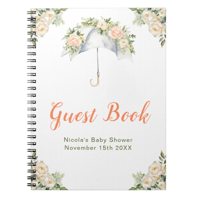 Caderno Espiral Floral Umbrella Baby Shower Guest Book (Frente)