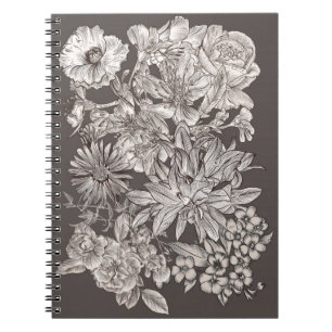 Caderno Espiral Floral Vintage Moderno Botânico Cinza & Marfim