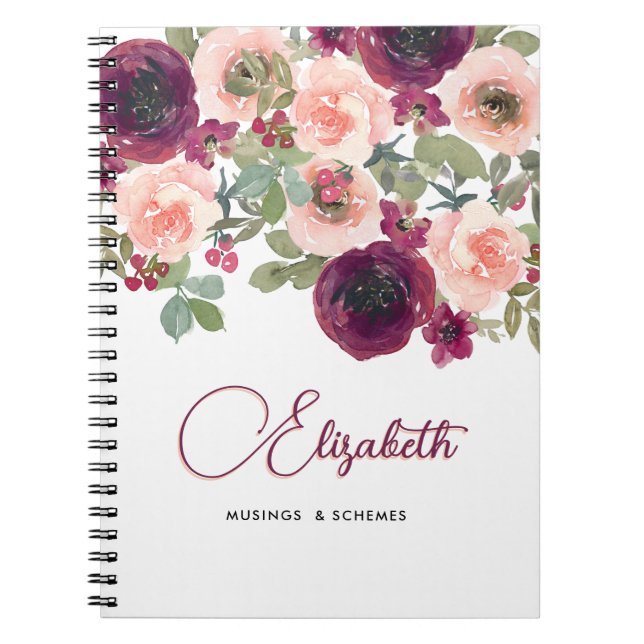 Caderno Espiral Floral Watercolor Burgundy Blush Peonies Personali (Frente)