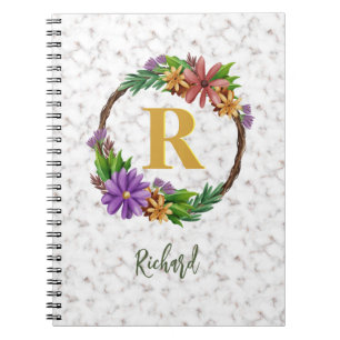 Caderno Espiral Floral Wreath Inicial Letra Monograma Nome Marble