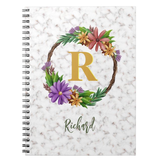 Caderno Espiral Floral Wreath Inicial Letra Monograma Nome Marble (Frente)