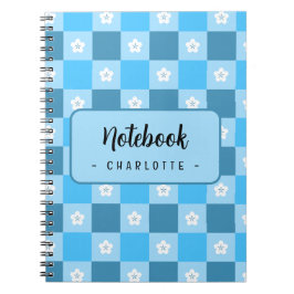 Caderno Espiral Floral Xadrez Azul