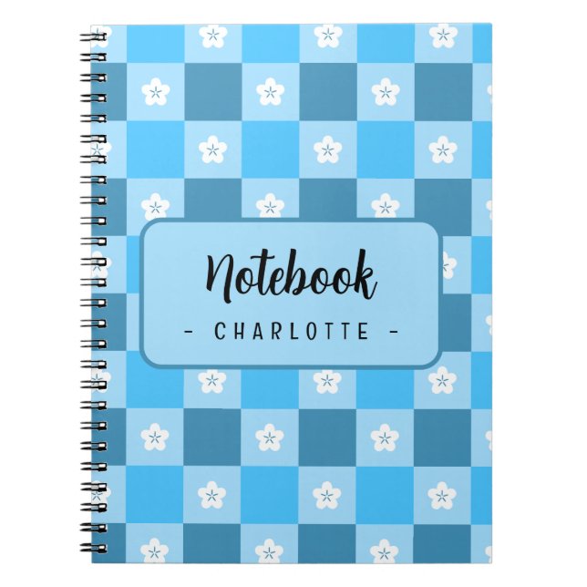 Caderno Espiral Floral Xadrez Azul (Frente)
