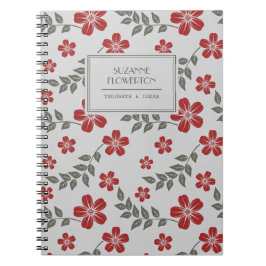 Caderno Espiral Flores à moda e folhas cinzentas vermelhas