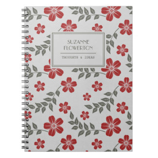 Caderno Espiral Flores à moda e folhas cinzentas vermelhas