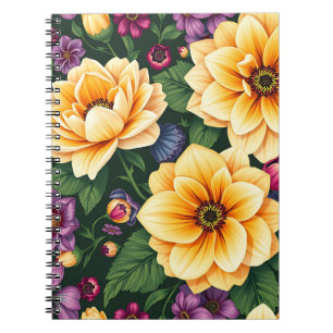 Caderno Espiral Flores Amarelas Brilhantes e Roxas Coloridas