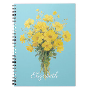 Caderno Espiral Flores Amarelas Fundo Azul Buquê Floral