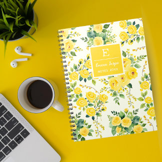 Caderno Espiral Flores Amarelas Monogramas, Floral estético