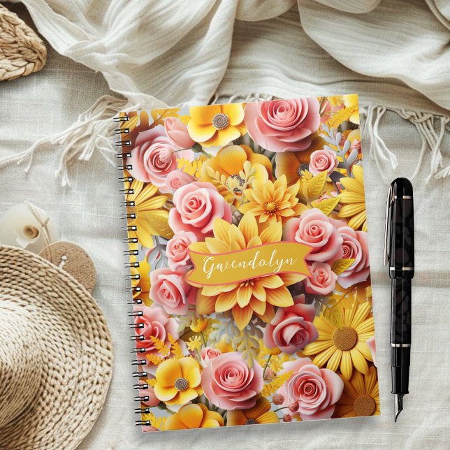 Caderno Espiral Flores amarelas personalizadas encadernação espira (Criador carregado)