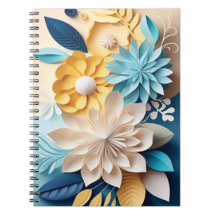 Caderno Espiral Flores Azuis e Amarelas 3D