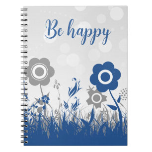 Caderno Espiral flores azuis e cinzas