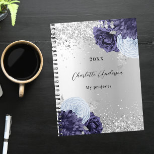 Caderno Espiral Flores azuis marinho prateadas elegantes glamouros