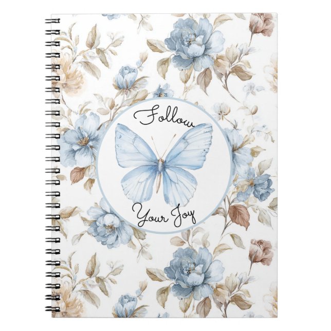 Caderno Espiral Flores Azuis Românticas Folhas Marrons Borboleta (Frente)