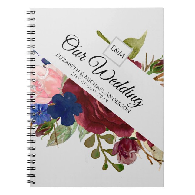 Caderno Espiral Flores Azuis-Rosa-Brilhantes Recém-casados Present (Frente)