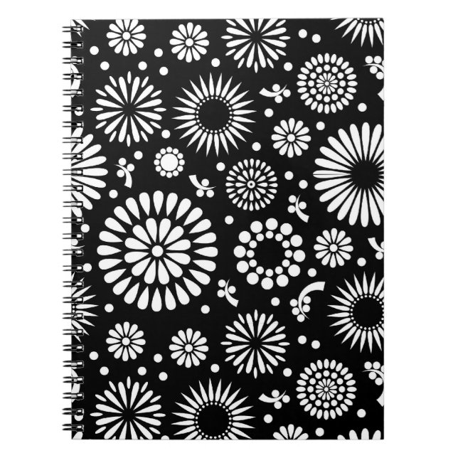 Caderno Espiral Flores boho Padrão floral vetorial preto e branco (Frente)
