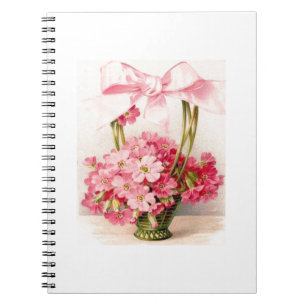Caderno Espiral Flores bonitas do rosa do vintage na cesta verde