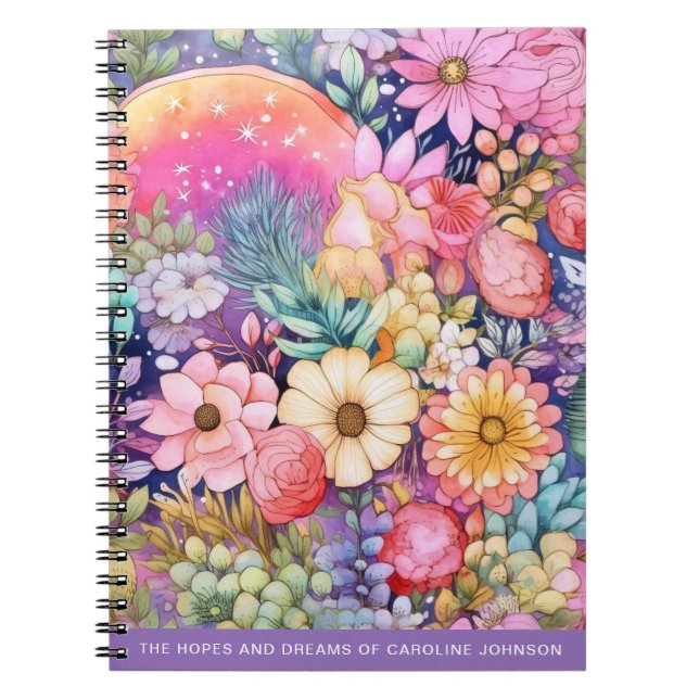 Caderno Espiral Flores bonitas e arco-íris Brilhantes (Frente)