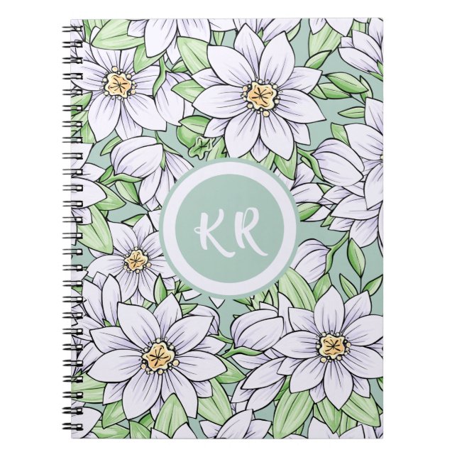 Caderno Espiral Flores bonito Verde Verde Floral Deixam Monograma (Frente)