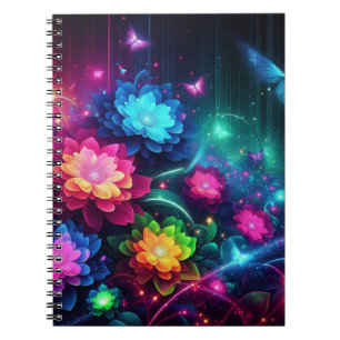 Caderno Espiral Flores/borboletas néon brilhantes e coloridas