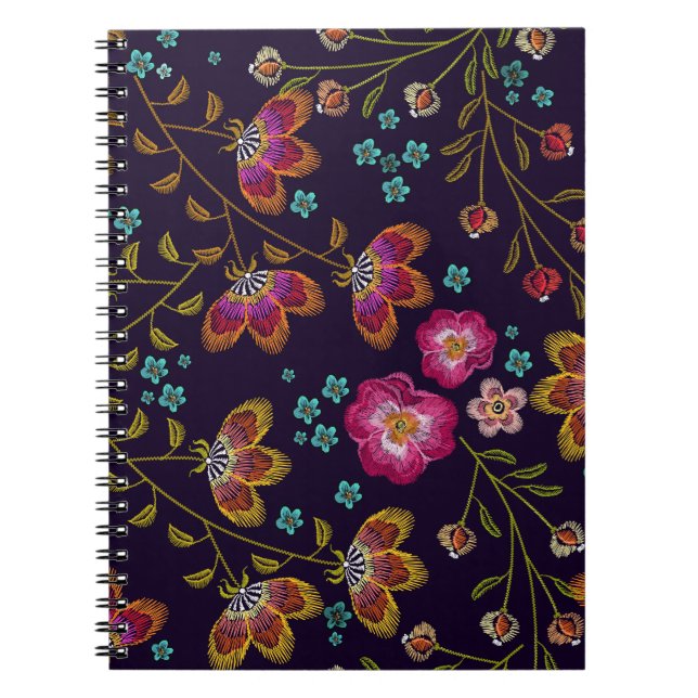 Caderno Espiral Flores bordadas: padrão sem costura de moda (Frente)