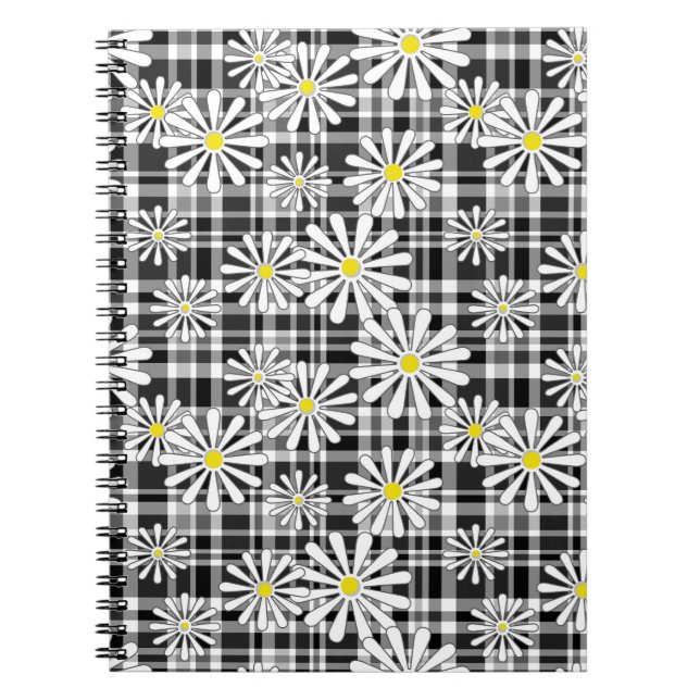 Caderno Espiral Flores brancas camomila no branco preto b (Frente)