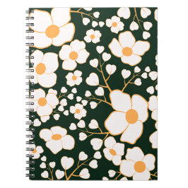 Caderno Espiral Flores Brancas Centralizadas Amarelas e Fundo Verd