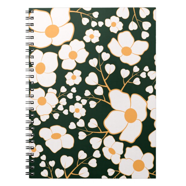 Caderno Espiral Flores Brancas Centralizadas Amarelas e Fundo Verd (Frente)