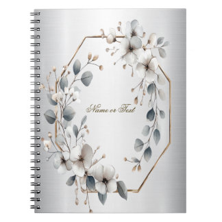 Caderno Espiral Flores brancas de aquarela Ouro Frame Silver Teal