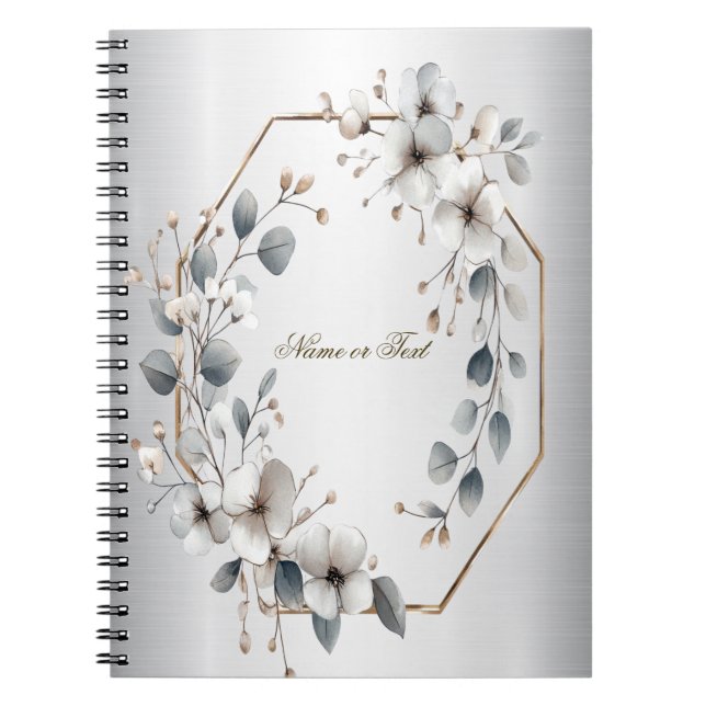 Caderno Espiral Flores brancas de aquarela Ouro Frame Silver Teal (Frente)