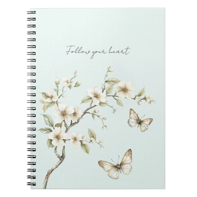 Caderno Espiral Flores Brancas de Hortelã Borboletas   (Frente)