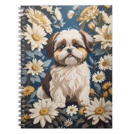 Caderno Espiral Flores Brancas de Margarida Cachorros Shih Tzu
