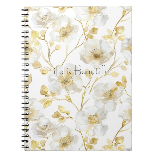 Caderno Espiral Flores Brancas Douradas Lindas (Frente)