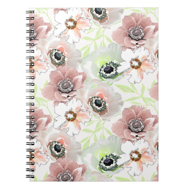 Caderno Espiral Flores brancas e cor-de-rosa. (Frente)