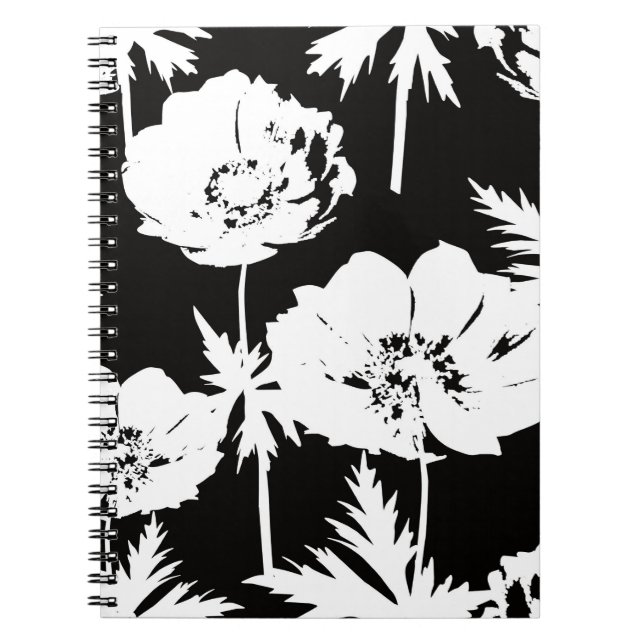 Caderno Espiral Flores brancas em preto. (Frente)