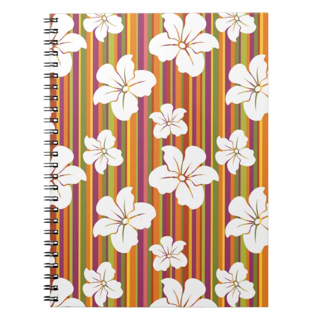 Caderno Espiral Flores brancas em um fundo listrado (Frente)
