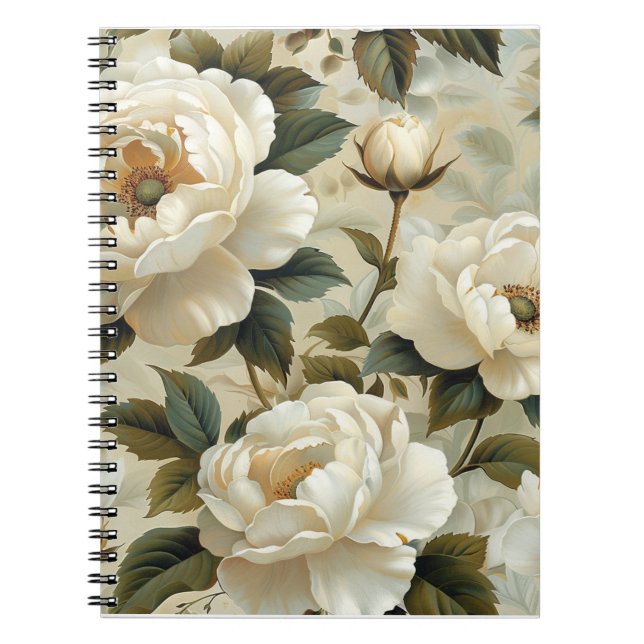 Caderno Espiral Flores brancas sobre fundo creme. (Frente)