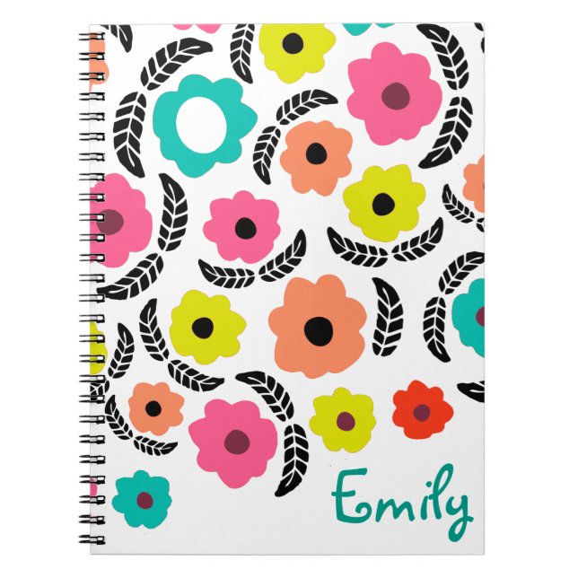 Caderno Espiral Flores Brilhantes Modernas e Folha Negra Personali (Frente)