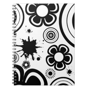Caderno Espiral Flores caprichosas em preto e branco, círculos, re