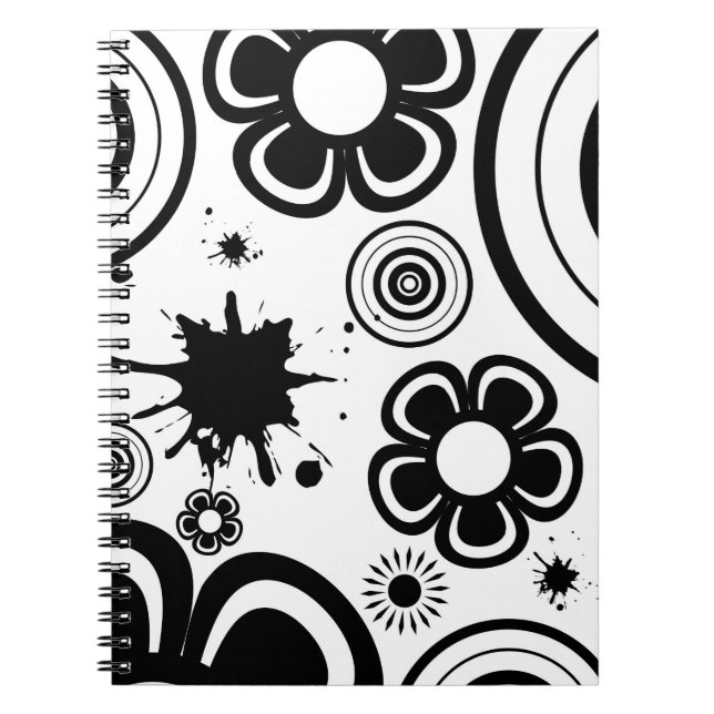 Caderno Espiral Flores caprichosas em preto e branco, círculos, re (Frente)