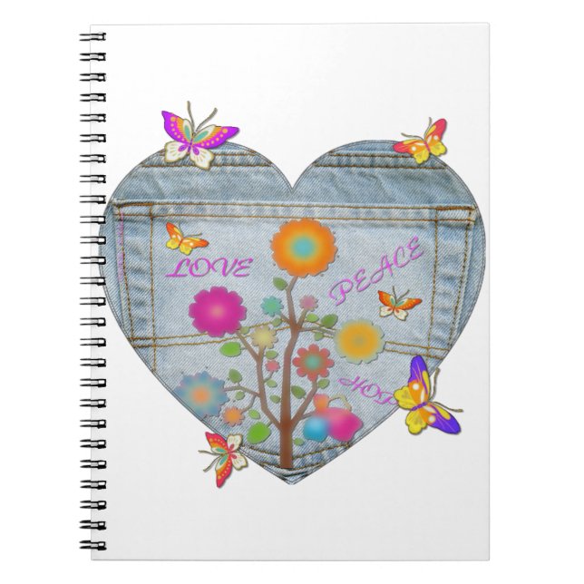 Caderno Espiral Flores Cardíacas Denim Pocket Borboletas (Frente)