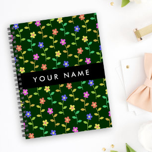 Caderno Espiral Flores Coloridas, Fundo Verde, Preto