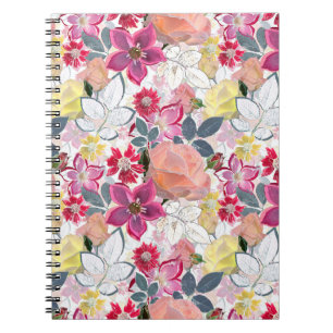 Caderno Espiral Flores cor-de-água, cor-de-rosa.
