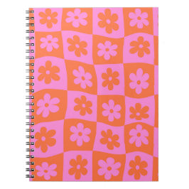 Caderno Espiral Flores Cor-de-Rosa e Laranja Xadrez Retrô Distorci